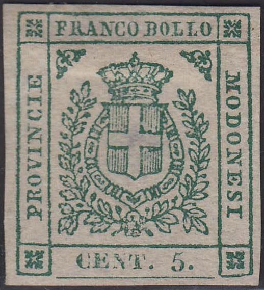 EC16_252 - 1859 - Scudo di Savoia sormontato da Corona Reale, c. 5 verde smeraldo nuovo senza gomma (12a).