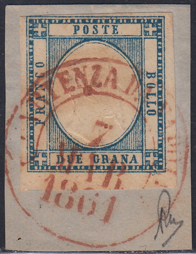 UT206 - 1861 - 2 grana azzurro con annullo rosso di fornitura borbonica "Partenza da Napoli", inconsueto. (20).