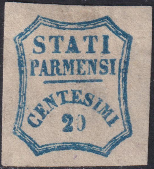 E10_46 - 1859 - Stati Parmensi e cifra in un ottagono a linee curve, c. 20 azzurro nuovo con gomma, (15).