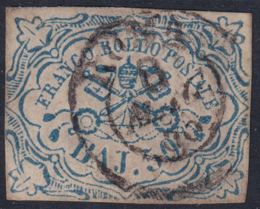 E10_53 - 1852 - I emissione 50 bai azzurro usato con annullo circolare, (10). Firma Cardillo