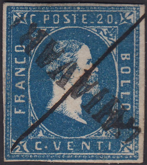 BA21_24 - 1851 - Effigie di Vittorio Emanuele II, c. 20 azzurro chiaro I tiratura usato con annullo di CHIAVARI lineare, grande rarità, ex collezione "Nodo di Savoia" (2g).