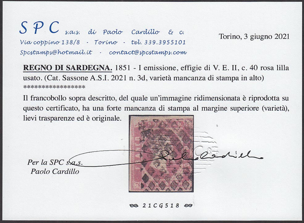 PP558 - 1851 - Effigie di Vittorio Emanuele II, c. 40 rosa lilla usato con annullo a rombi nero (3d).