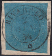 Sard982 - 1853 - Effigie di Vittorio Emanuele II, c. 20 azzurro usato Rivarolo 2/1/54 (5, p.ti 13).