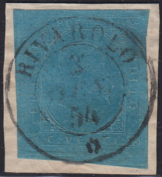 Sard982 - 1853 - Effigie di Vittorio Emanuele II, c. 20 azzurro usato Rivarolo 2/1/54 (5, p.ti 13).