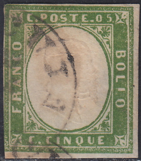 Sard951 - 1861/63 - Annulli Sardo-italiani di Sicilia, c. 5 verde chiaro smorto IV composizione usato con impronta di RACCUJA (13Eb, p.ti R1).