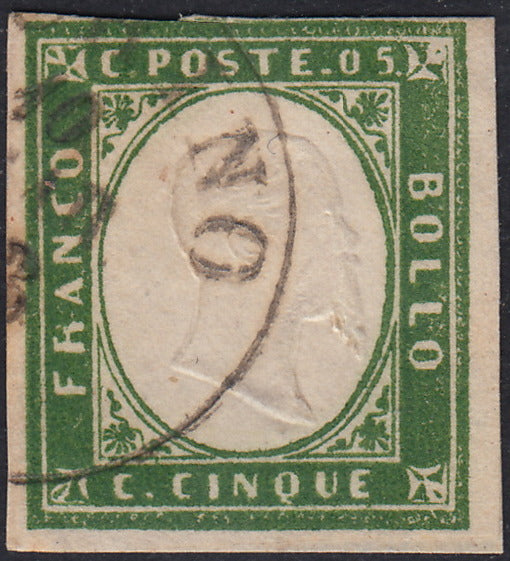 Sard954 - 1861/63 - Annulli Sardo-italiani di Sicilia, c. 5 verde giallastro IV composizione usato con impronta di PACHINO (13Da, p.ti R1).