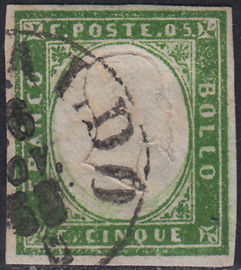 Sard962 - 1861/63 - Annulli Sardo-italiani di Sicilia, c. 5 verde giallastro chiaro IV composizione usato con impronta di S. CATALDO (13Db, p.ti 13).