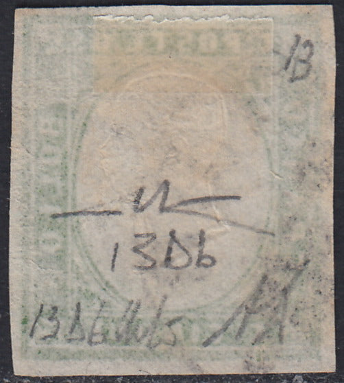 Sard962 - 1861/63 - Annulli Sardo-italiani di Sicilia, c. 5 verde giallastro chiaro IV composizione usato con impronta di S. CATALDO (13Db, p.ti 13).