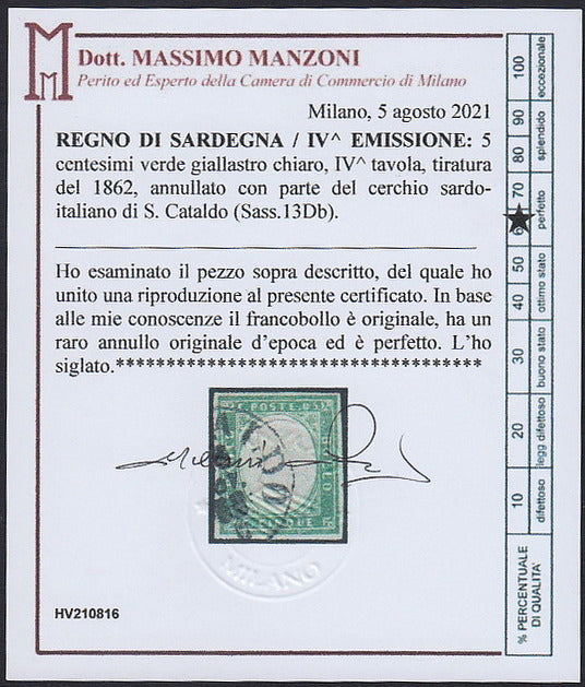 Sard962 - 1861/63 - Annulli Sardo-italiani di Sicilia, c. 5 verde giallastro chiaro IV composizione usato con impronta di S. CATALDO (13Db, p.ti 13).