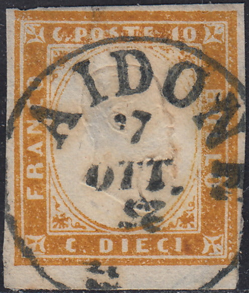 Sard955 - 1861/63 - Annulli Sardo-italiani di Sicilia, c. 10 arancio ocra II tavola usato con impronta di AIDONE (14De p.ti 13).