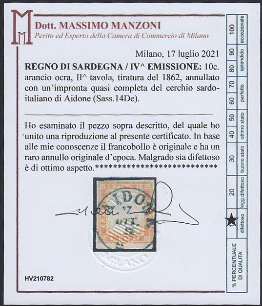 Sard955 - 1861/63 - Annulli Sardo-italiani di Sicilia, c. 10 arancio ocra II tavola usato con impronta di AIDONE (14De p.ti 13).