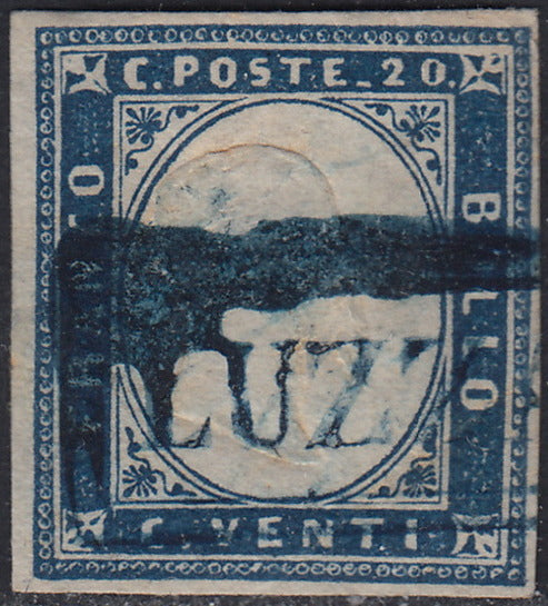 Sard963 - 1861 - IV emissione c. 20 azzurro oltremare II tavola usato con cartella azzurra di LUZZARA (15Dc, p.ti R1).