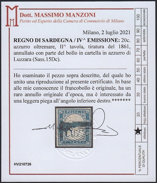 Sard963 - 1861 - IV emissione c. 20 azzurro oltremare II tavola usato con cartella azzurra di LUZZARA (15Dc, p.ti R1).