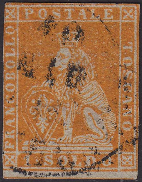 EC32_136 - 1851 - Leone di Marzocco, 1 soldo bistro arancio su carta grigia e filigrana corona usato, bello. (2d).