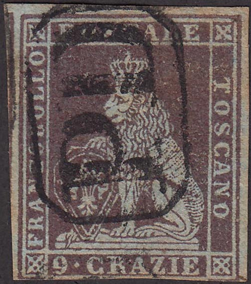 EC16_312 - 1851 - Leone di Marzocco, 9 crazie bruno lillaceo su carta grigia e filigrana corona usato. (8).