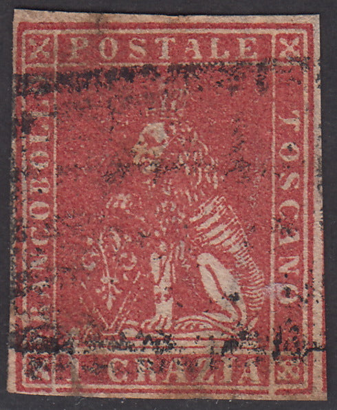 PV1732 - 1857 - Leone di Marzocco, 1 crazia carminio su carta bianca e filigrana linee ondulate usata (12).