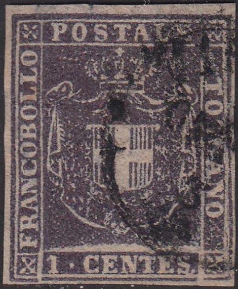 EC6_22 - 1860 - Scudo di Savoia, 1 centesimo violetto bruno su carta bianca e filigrana linee ondulate usato (17).