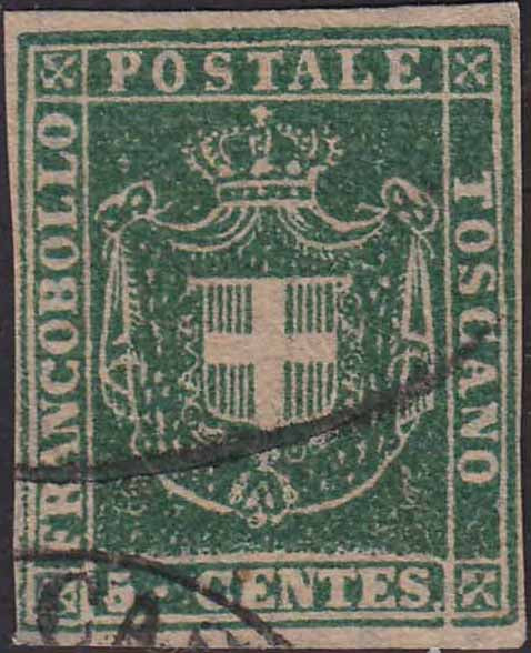 BO20_131 - 1860 - Scudo di Savoia, 5 centesimi verde su carta bianca e filigrana linee ondulate usato (18).