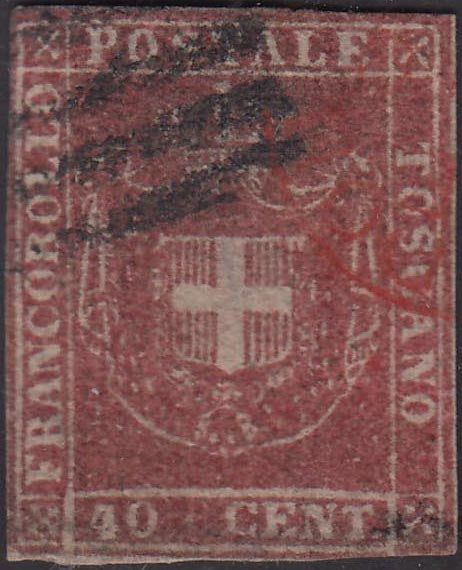 EC6_16 - 1860 - Scudo di Savoia, 40 centesimi carminio rosa su carta bianca e filigrana linee ondulate usato (21b).