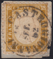 UT195 - 1862 - Emissione dentellata, c. 10 bistro giallastro usato su frammento con raro annullo di Castrogiovanni (1, p.ti 12).