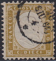 UT266 - 1862 - Emissione dentellata, c. 10 oliva chiaro usato, raro colore (1b).