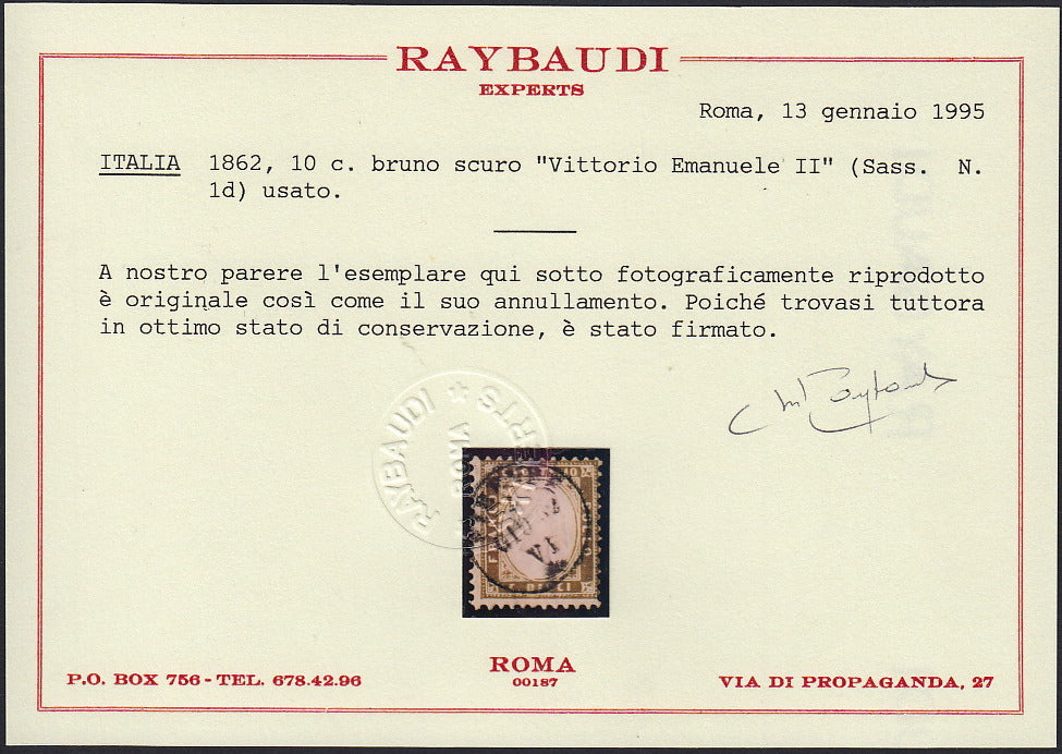 UT268 - 1862 - Emissione dentellata, c. 10 bruno scuro usato, raro colore (1d).