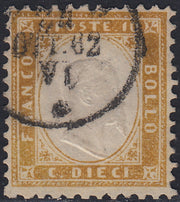 UT269 - 1862 - Emissione dentellata, c. 10 bistro oliva usato (1e).