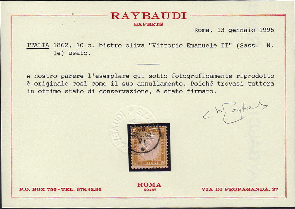 UT269 - 1862 - Emissione dentellata, c. 10 bistro oliva usato (1e).
