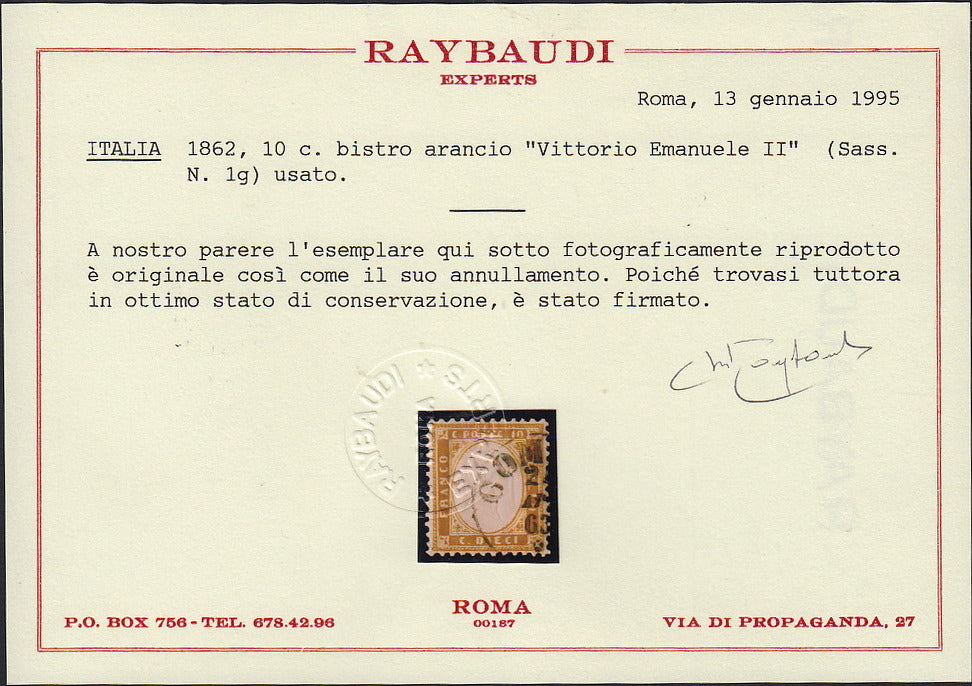 UT271 - 1862 - Emissione dentellata, c. 10 bistro arancio usato con il rarissimo annullo sardo-italiano di COMISO (1g, p.ti R1).