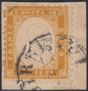 UT265 - 1862 - Emissione dentellata, c. 10 arancio ocra usato su frammento (1h).