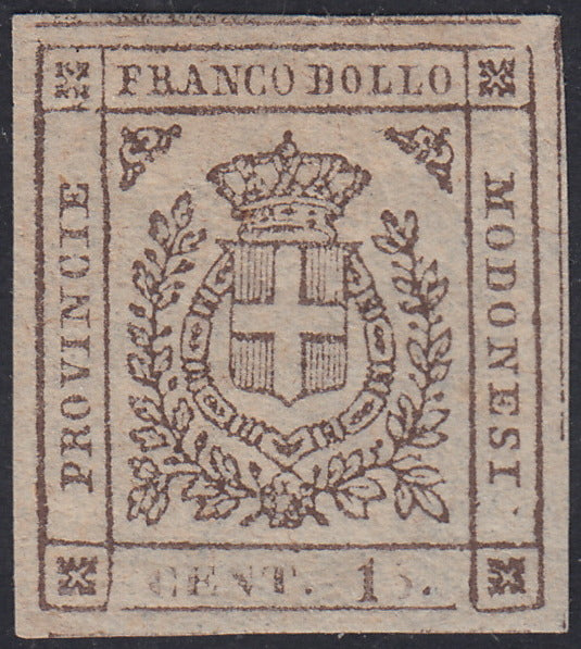 FM23 - 1859 - Scudo di Savoia sormontato da Corona Reale, c. 15 bruno scuro I composizione nuovo con gomma originale (13a).
