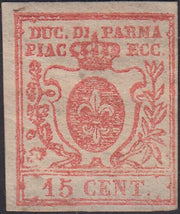 EC16_167 - 1859 - Giglio Borbonico sormontato da Corona Ducale, c. 15 vermiglio posizione n. 27 del foglio con clichet modificato perché scalpellato dal c. 25 nuovo con gomma, (9b).