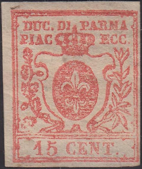 EC16_167 - 1859 - Giglio Borbonico sormontato da Corona Ducale, c. 15 vermiglio posizione n. 27 del foglio con clichet modificato perché scalpellato dal c. 25 nuovo con gomma, (9b).