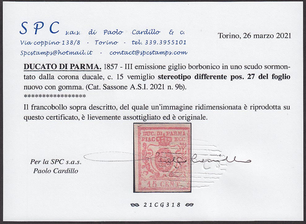 16-457 - 1855 - Duchy of Parma II issue c. 5 very light yellow used, Cardillo certified (6b)