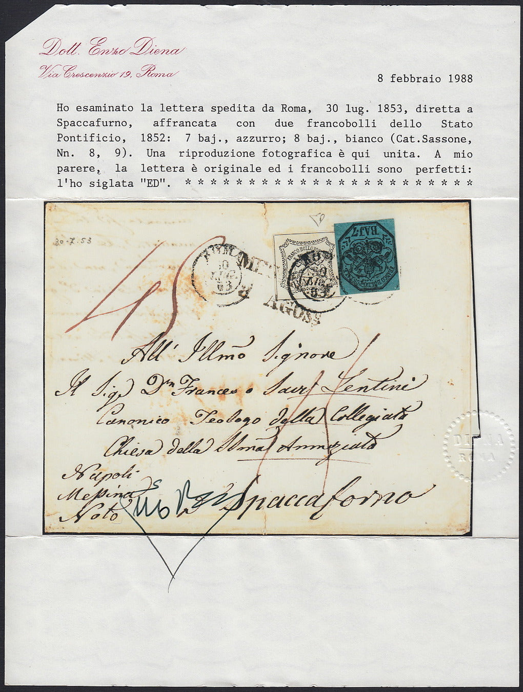 UT217 - 1853 - Lettera spedita da Roma e diretta a Spaccafurno 30/7/53 affrancata con 7 baj azzurro + 8 baj bianco, tariffa di 15 bajocchi via mare con tassa a destino pari a 45 grana siciliani, (8, 9).