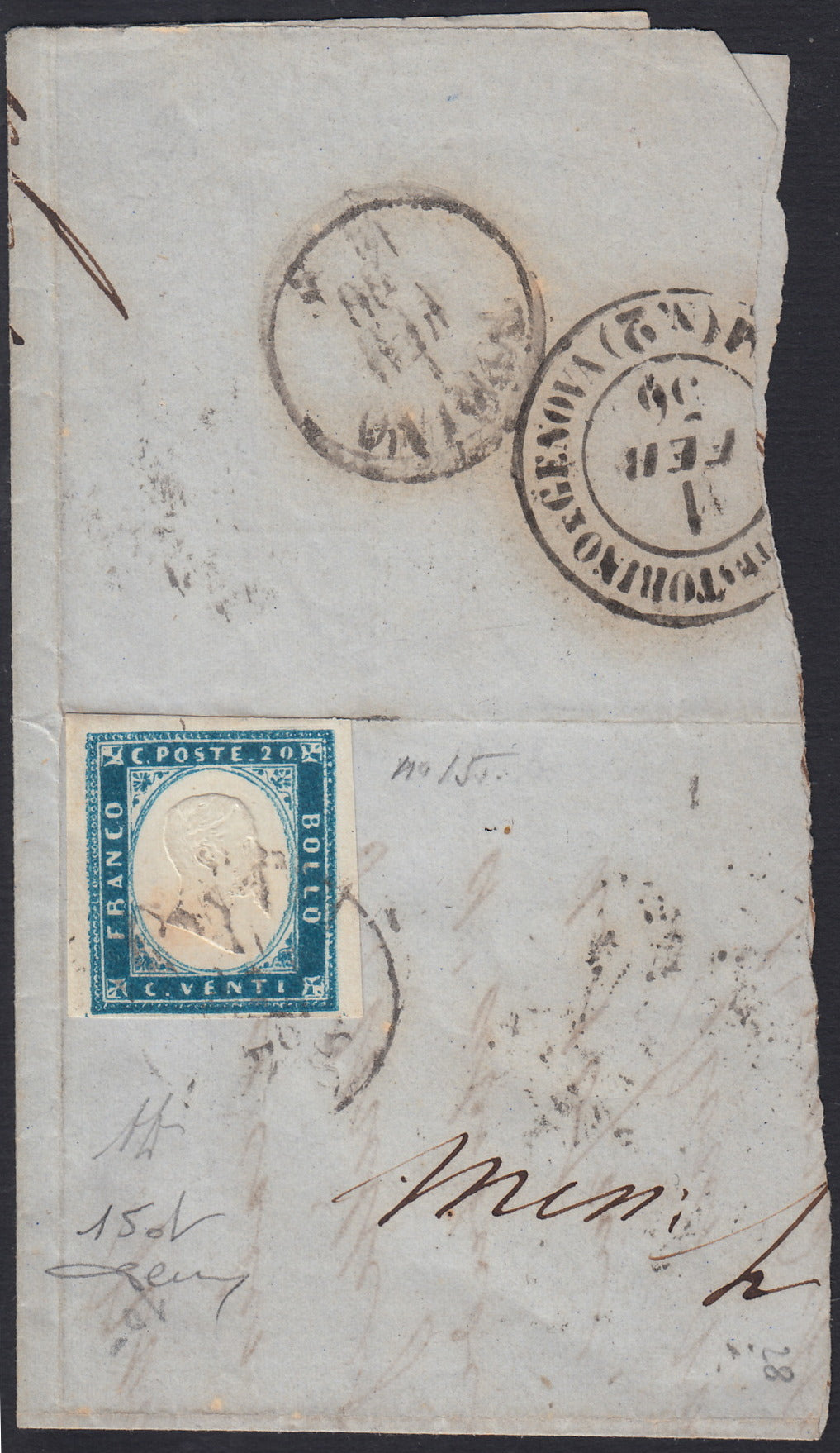 1851 - Effigy of Vittorio Emanuele II facing right, 1st issue c. 20 light blue used late 8/20/57 (2, R2 points)