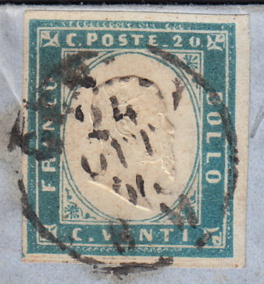 1851 - Effigy of Vittorio Emanuele II facing right, 1st issue c. 20 light blue used late 8/20/57 (2, R2 points)