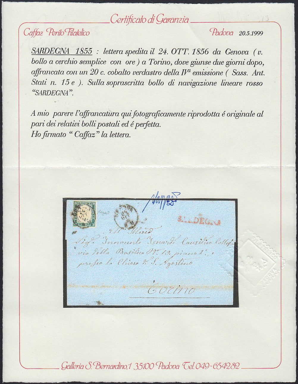 1851 - Effigy of Vittorio Emanuele II facing right, 1st issue c. 20 light blue used late 8/20/57 (2, R2 points)