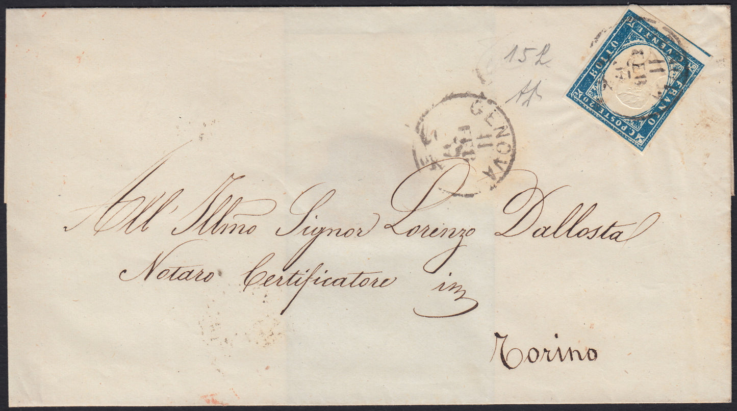 1851 - Effigy of Vittorio Emanuele II facing right, 1st issue c. 20 light blue used late 8/20/57 (2, R2 points)