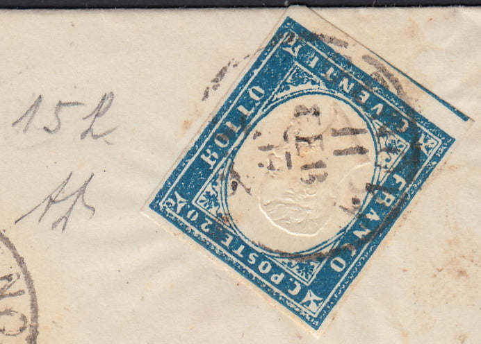 1851 - Effigy of Vittorio Emanuele II facing right, 1st issue c. 20 light blue used late 8/20/57 (2, R2 points)