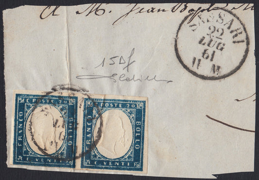 1851 - Effigy of Vittorio Emanuele II facing right, 1st issue c. 20 light blue used late 8/20/57 (2, R2 points)