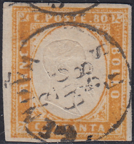 1851 - Effigy of Vittorio Emanuele II facing right, 1st issue c. 20 light blue used late 8/20/57 (2, R2 points)