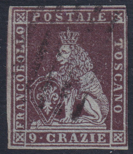 E11_51 - 1851 - Marzocco I emissione 9 crazie viola bruno scurissimo su carta azzurra e filigrana corona usato (8a)