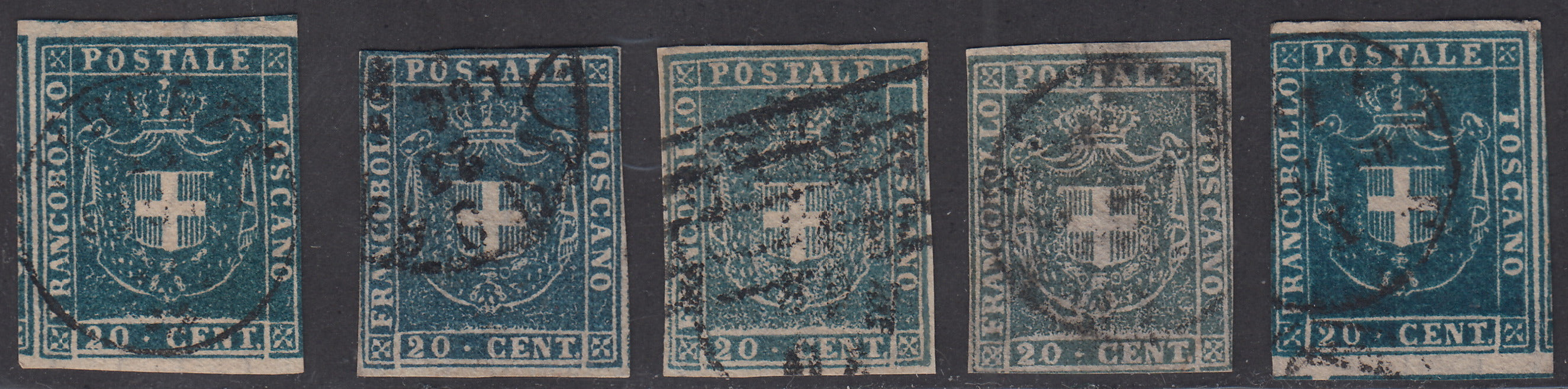 PV1882 - 1860 - Scudo di Savoia sormontato da Corona Reale, c. 20 cinque esemplari nelle differenti tonalità di colore usati (20/20d).