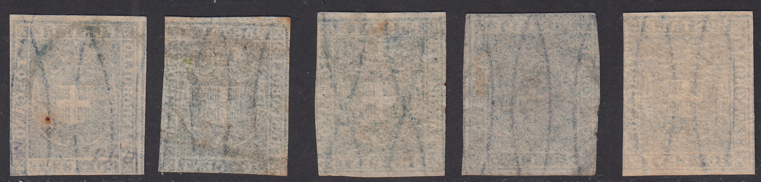 PV1882 - 1860 - Scudo di Savoia sormontato da Corona Reale, c. 20 cinque esemplari nelle differenti tonalità di colore usati (20/20d).