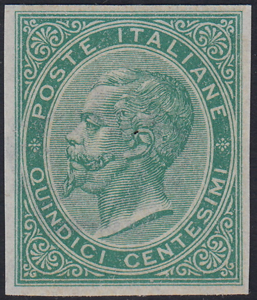 UT589 - 1863 - Prova di colore del francobollo da 15 c. verde tiratura di Londra, non dentellato e con gomma integra.