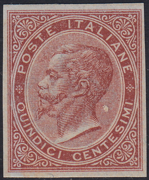 UT590 - 1863 - Prova di colore del francobollo da 15 c. bruno rosso tiratura di Londra, non dentellato e con gomma integra