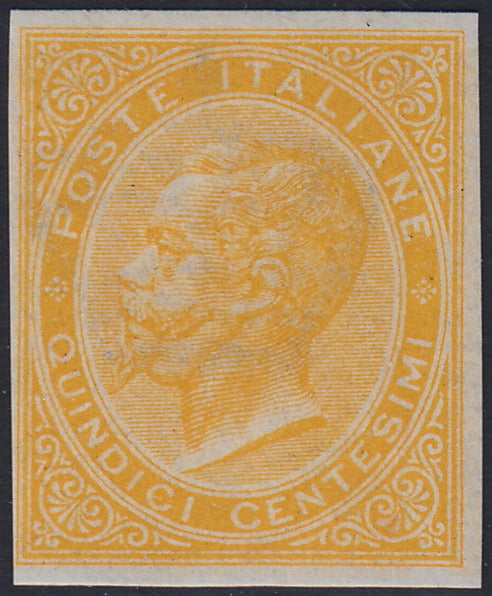 UT593 - 1863 - Prova di colore del francobollo da 15 c. giallo limone tiratura di Londra, non dentellato e con gomma integra.