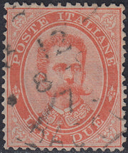 UT441 - 1879 - Effigie di Umberto I L. 2 vermiglio usato con annullo originale (43).