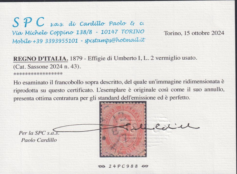 UT441 - 1879 - Effigie di Umberto I L. 2 vermiglio usato con annullo originale (43).